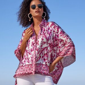 Bella Vita Border Print Roxy Poncho Charmeuse Blouse Pink Multi