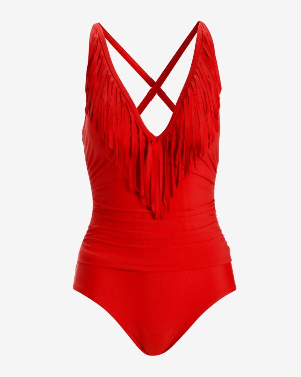 Fringe Halter V Neck One Piece Red - Image 2
