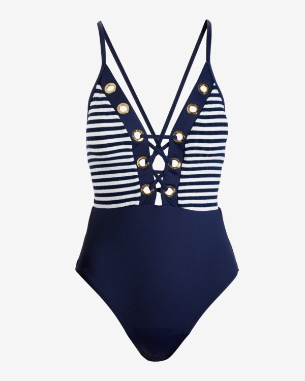 Striped Grommet Lace Up One Piece Navy/White - Image 2