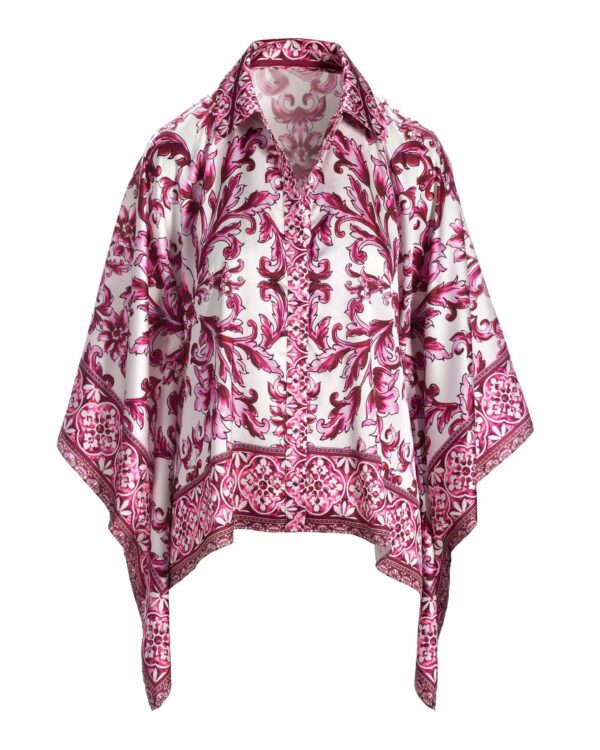 Bella Vita Border Print Roxy Poncho Charmeuse Blouse Pink Multi - Image 2