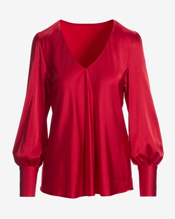 Audrey V Neck Long Sleeve Charmeuse Blouse Tomato Red - Image 2