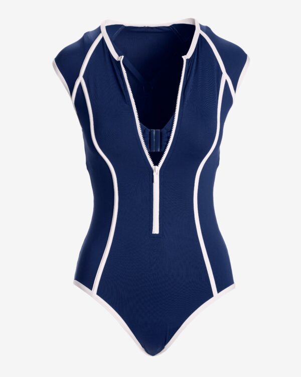 Colorblock Zipper Cap Sleeve One Piece Navy/White - Image 2