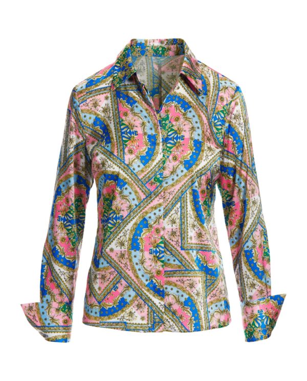 Baroque Scroll Print Sophia Button Up Charmeuse Blouse Pink Icing Multi - Image 2